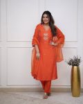 DESIGNER CHANDERI SILK EMBROIDERY SEQUENCE CODING WORK TOP BOTTOM WITH DUPATTA PARTY WEAR WHOLESALE PRICE ETHNIC GARMENT (5)