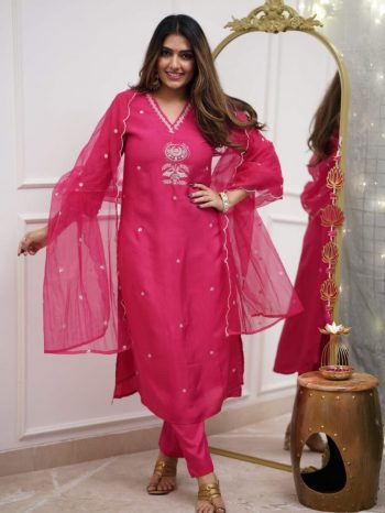 DESIGNER CHANDERI SILK EMBROIDERY SEQUENCE CODING WORK TOP BOTTOM WITH DUPATTA PINK