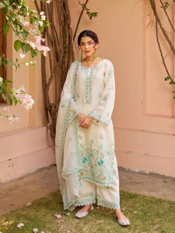 DESIGNER CHANDERI SILK MULTI THREAD EMBROIDERY WORK TOP PALAZZO WITH DUPATTA SEA GREEN