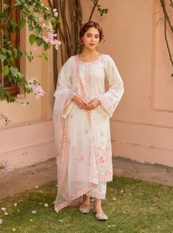 DESIGNER CHANDERI SILK MULTI THREAD EMBROIDERY WORK TOP PALAZZO WITH DUPATTA PEACH