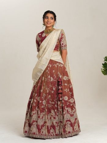 DESIGNER CHENT CREPE KALAMKARI PRINTED LEHENGA CHOLI WITH DUPATTA MAROON