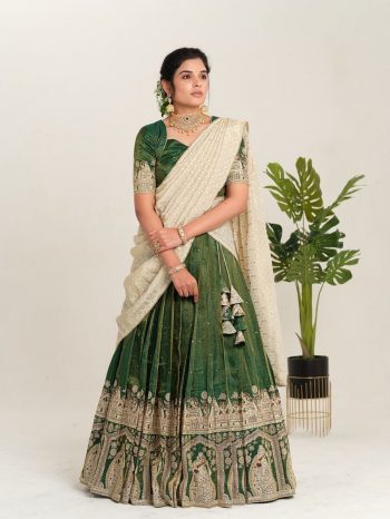 DESIGNER CHENT CREPE KALAMKARI PRINTED LEHENGA CHOLI WITH DUPATTA GREEN