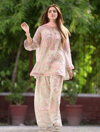 DESIGNER CHIFFON GEORGETTE DIGITAL PRINT WITH EMBROIDERY SEQUENCE WORK  TOP PATIYALA WITH DUPATTA OFF WHITE