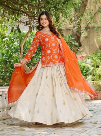 DESIGNER CHINON EMBROIDERY CODING SEQUENCE AND THREAD WORK TOP LEHENGA WITH DUPATTA ORANGE