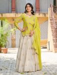 DESIGNER CHINON EMBROIDERY CODING SEQUENCE AND THREAD WORK TOP LEHENGA WITH DUPATTA PARROT GREEN