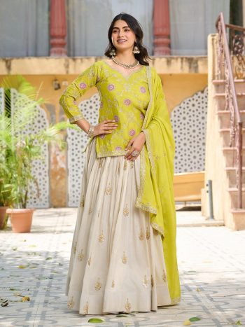 DESIGNER CHINON EMBROIDERY CODING SEQUENCE AND THREAD WORK TOP LEHENGA WITH DUPATTA PARROT GREEN