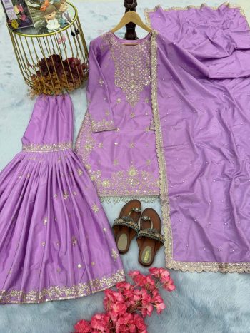 DESIGNER CHINON EMBROIDERY SEQUENCE WITH MOTI LATKAN WORK TOP SHARARA WITH DUPATTA LAVENDER