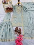 DESIGNER CHINON EMBROIDERY SEQUENCE WITH MOTI LATKAN WORK TOP SHARARA WITH DUPATTA SKY
