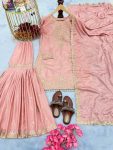 DESIGNER CHINON EMBROIDERY SEQUENCE WITH MOTI LATKAN WORK TOP SHARARA WITH DUPATTA PEACH