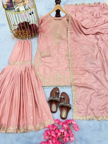 DESIGNER CHINON EMBROIDERY SEQUENCE WITH MOTI LATKAN WORK TOP SHARARA WITH DUPATTA PEACH