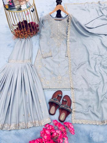 DESIGNER CHINON EMBROIDERY SEQUENCE WITH MOTI LATKAN WORK TOP SHARARA WITH DUPATTA SEA BLUE