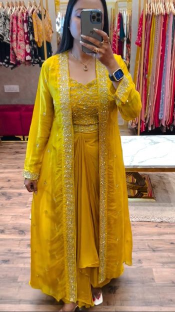 DESIGNER CHINON EMBROIDERY SEQUENCE WORK DRAPE SKIRT BLOUSE WITH SHRUG YELLOW