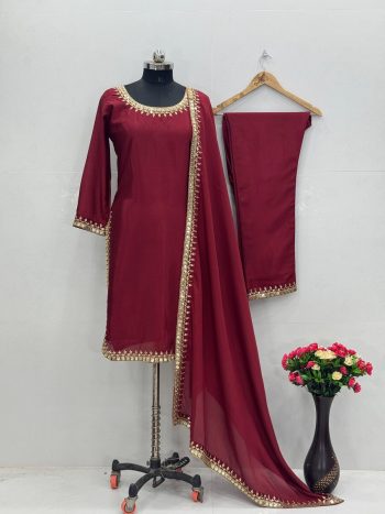 DESIGNER CHINON EMBROIDERY SEQUENCE WORK TOP BOTTOM WITH DUPATTA MAROON