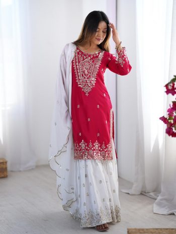 DESIGNER CHINON EMBROIDERY SEQUENCE WORK TOP SHARARA WITH DUPATTA  RANI
