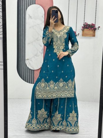 DESIGNER CHINON EMBROIDERY THREAD AND SEQUENCE WORK  TOP PALAZZO WITH DUPATTA TEAL