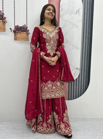 DESIGNER CHINON EMBROIDERY THREAD AND SEQUENCE WORK  TOP PALAZZO WITH DUPATTA  RANI