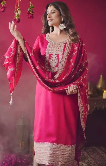 DESIGNER CHINON EMBROIDERY THREAD SEQUENCE WORK TOP BOTTOM WITH DUPATTA PINK