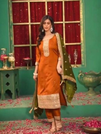 DESIGNER CHINON EMBROIDERY THREAD SEQUENCE WORK TOP BOTTOM WITH DUPATTA ORANGE