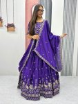 DESIGNER CHINON EMBROIDERY THREAD WORK LEHENGA CHOLI WITH DUPATTA PURPLE