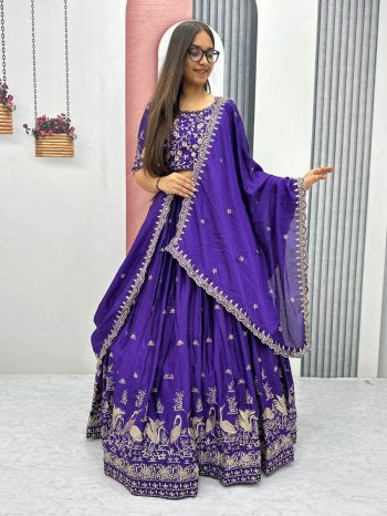 DESIGNER CHINON EMBROIDERY THREAD WORK LEHENGA CHOLI WITH DUPATTA PURPLE