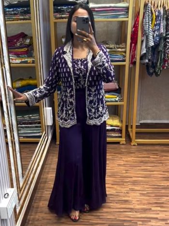 DESIGNER CHINON EMBROIDERY WORK BLOUSE KOTI WITH PALAZZO PURPLE