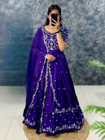 DESIGNER CHINON EMBROIDERY WORK GOWN WITH DUPATTA PURPLE