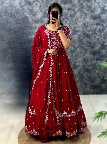 DESIGNER CHINON EMBROIDERY WORK GOWN WITH DUPATTA RED