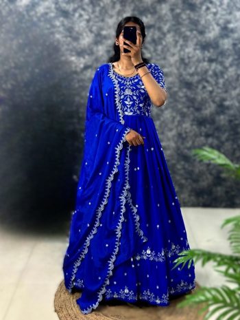 DESIGNER CHINON EMBROIDERY WORK GOWN WITH DUPATTA BLUE