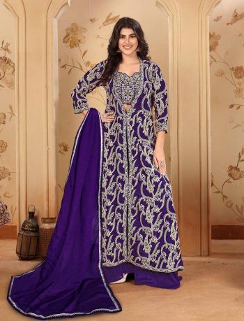 DESIGNER CHINON EMBROIDERY WORK STITCHED BLOUSE JACKET PALAZZO WITH DUPATTA PURPLE