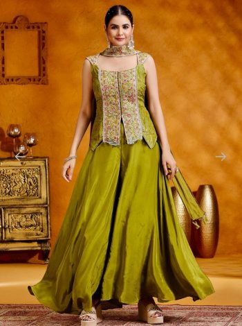 DESIGNER CHINON MULTICOLOR EMBROIDERY SEQUENCE WORK TOP PALAZZO WITH FANCY DUPATTA PARROT GREEN