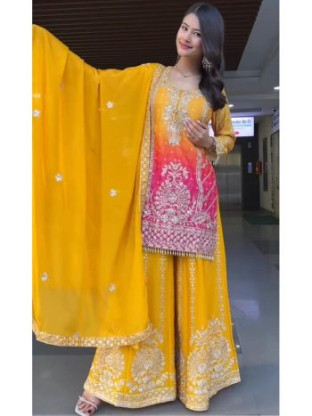 DESIGNER CHINON PRINTED SEQUENCE EMBROIDERY WORK TOP PALAZZO WITH DUPATTA  YELLOW