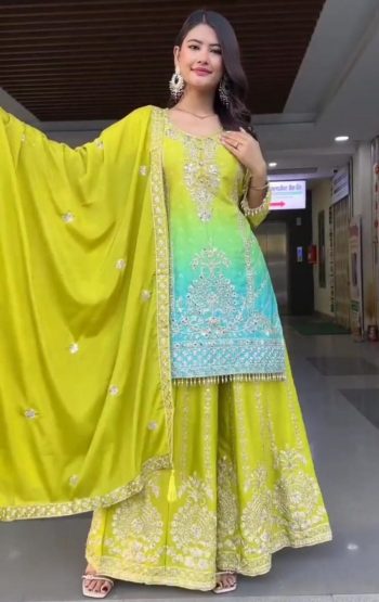DESIGNER CHINON PRINTED SEQUENCE EMBROIDERY WORK TOP PALAZZO WITH DUPATTA LEMON