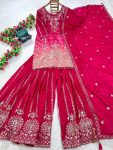 DESIGNER CHINON PRINTED SEQUENCE EMBROIDERY WORK TOP PALAZZO WITH DUPATTA PARTY WEAR WHOLESALE PRICE ETHNIC GARMENT (1)