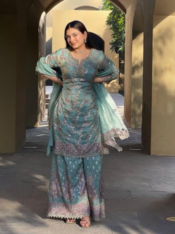 DESIGNER CHINON SEQUENCE  EMBROIDERY WORK TOP PALAZZO WITH DUPATTA  SKY