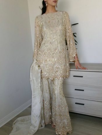 DESIGNER CHINON SEQUENCE EMBROIDERY WORK TOP PALAZZO WITH DUPATTA OFF WHITE