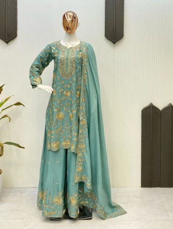 DESIGNER CHINON SEQUENCE EMBROIDERY WORK TOP PALAZZO WITH DUPATTA SKY