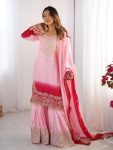 DESIGNER CHINON SILK CODING EMBROIDERY MOTI WORK TOP SHARARA WITH DUPATTA BABY PINK