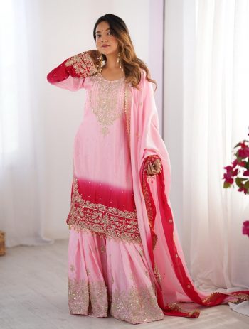 DESIGNER CHINON SILK CODING EMBROIDERY MOTI WORK TOP SHARARA WITH DUPATTA BABY PINK