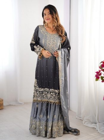 DESIGNER CHINON SILK CODING EMBROIDERY MOTI WORK TOP SHARARA WITH DUPATTA GREY