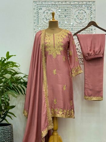 DESIGNER CHINON SILK EMBROIDERY AND SEQUENCE WORK TOP BOTTOM WITH DUPATTA  PEACH