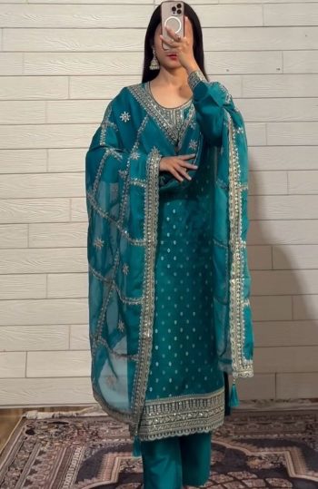 DESIGNER CHINON SILK EMBROIDERY AND SEQUENCE WORK TOP BOTTOM WITH DUPATTA  RAMA