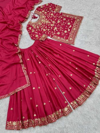 DESIGNER CHINON SILK EMBROIDERY AND SEQUENCE WORK TOP PALAZZO WITH DUPATTA  RANI