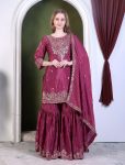 DESIGNER CHINON SILK EMBROIDERY AND SEQUENCE WORK TOP SHARARA WITH DUPATTA WINE