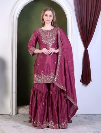 DESIGNER CHINON SILK EMBROIDERY AND SEQUENCE WORK TOP SHARARA WITH DUPATTA WINE