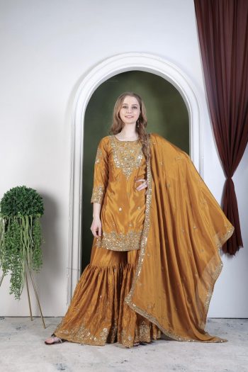 DESIGNER CHINON SILK EMBROIDERY AND SEQUENCE WORK TOP SHARARA WITH DUPATTA CHIKU