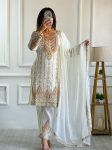 DESIGNER CHINON SILK EMBROIDERY CODING DORI  SEQUENCE WORK  TOP BOTTOM WITH DUPATTA WHITE