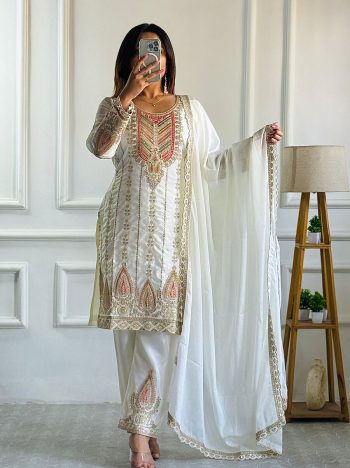 DESIGNER CHINON SILK EMBROIDERY CODING DORI  SEQUENCE WORK  TOP BOTTOM WITH DUPATTA WHITE