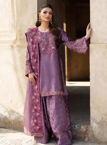 DESIGNER CHINON SILK EMBROIDERY SEQUENCE AND MOTI WORK TOP PALAZZO WITH DUPATTA  LAVENDER