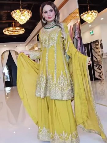 DESIGNER CHINON SILK EMBROIDERY SEQUENCE CODING WORK TOP PALAZZO WITH DUPATTA  LEMON