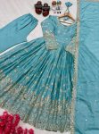 DESIGNER CHINON SILK EMBROIDERY SEQUENCE MIRROR WORK GOWN BOTTOM WITH DUPATTA FESTIVE WEAR WHOLESALE PRICE ETHNIC GARMENT (2)